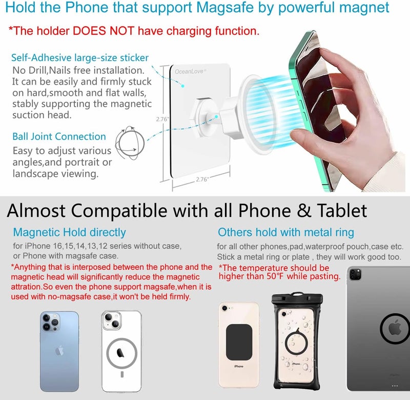 OCEANLOVE for MagSafe Wall Mount Magnetic Phone Holder, Self-Adhesive, 360 Rotatable, Waterproof, Compatible with iPhone 16/15/14/13/12,All Phones, Shower Mirror Car Glass Bathroom Kitchen (White) - Image 5